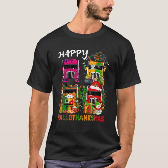 Witch Turkey Santa Trucks Truckers Happy HalloThan T-Shirt (Front)