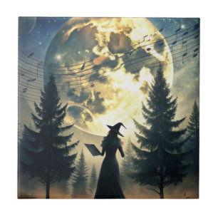 Witch Under Full Moon Enchanted Night Tile