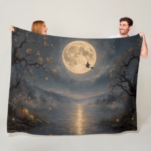 Witch Under Full Moon Gothic Halloween Lake Fleece Blanket