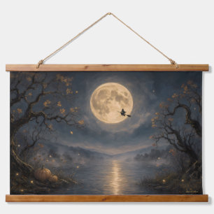 Witch Under Full Moon Gothic Halloween Lake Hanging Tapestry