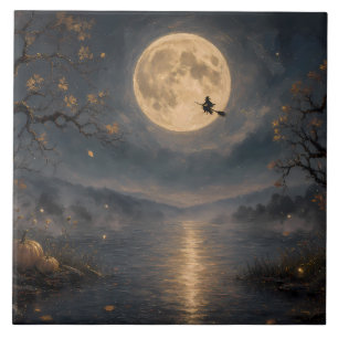 Witch Under Full Moon Gothic Halloween Lake Tile