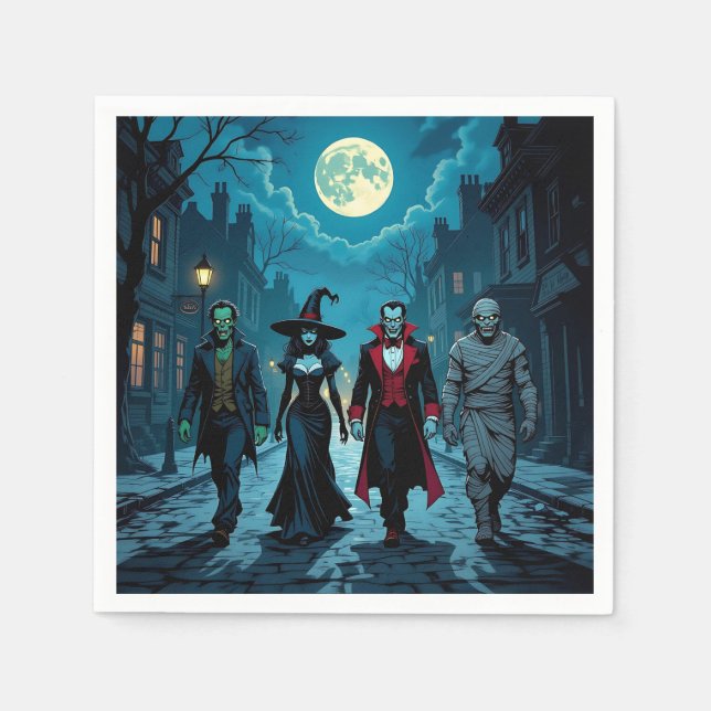 Witch, Vampire, Dracula and Mummy Halloween Party Napkin (Front)