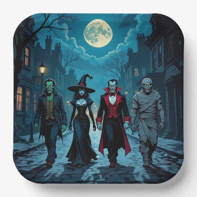 Witch, Vampire, Dracula and Mummy Halloween Party Paper Plate (Front)