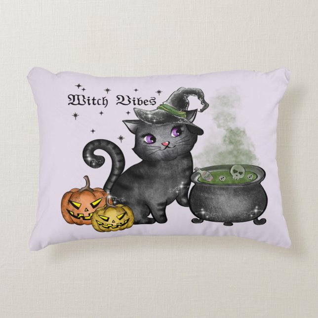 Witch Vibes – Cute Black Cat with Cauldron Accent Pillow (Front)