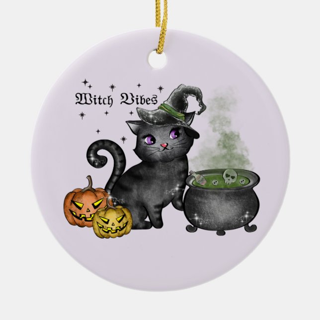 Witch Vibes – Cute Black Cat with Cauldron Ceramic Ornament (Front)