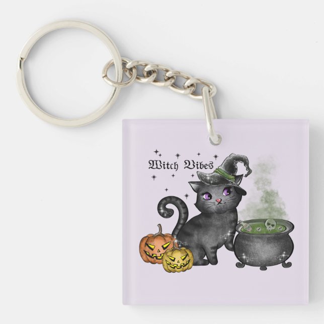 Witch Vibes – Cute Black Cat with Cauldron Keychain (Front)