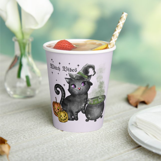 Witch Vibes – Cute Black Cat with Cauldron Paper Cups (Insitu)