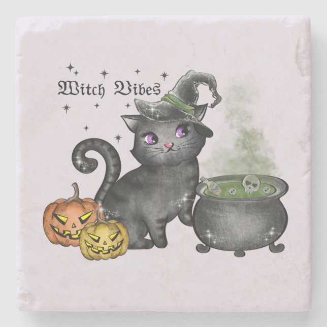 Witch Vibes – Cute Black Cat with Cauldron Stone Coaster (Front)