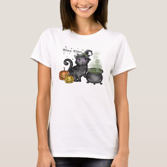 Witch Vibes – Cute Black Cat with Cauldron T-Shirt (Front)