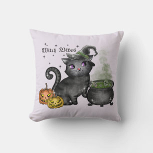 Witch Vibes – Cute Black Cat with Cauldron Throw Pillow