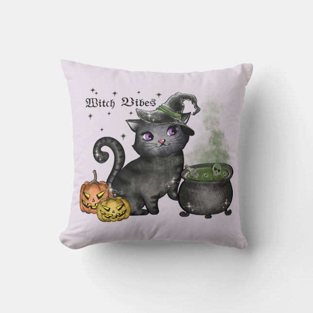 Witch Vibes – Cute Black Cat with Cauldron Throw Pillow (Front)