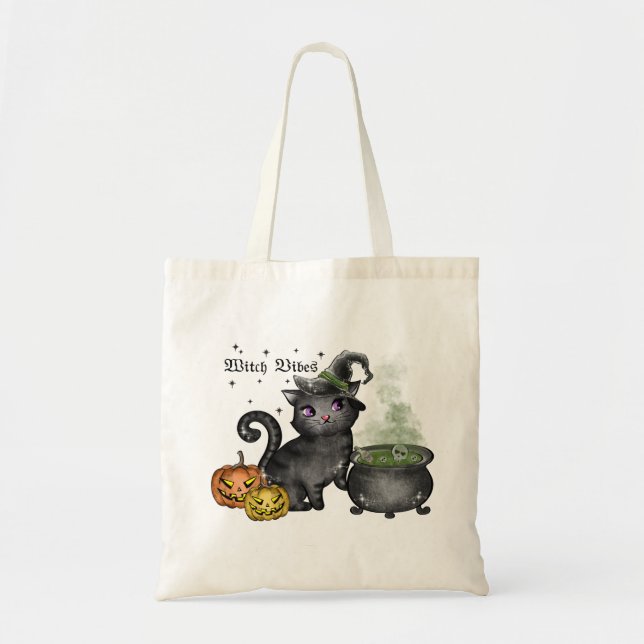 Witch Vibes – Cute Black Cat with Cauldron Tote Bag (Front)