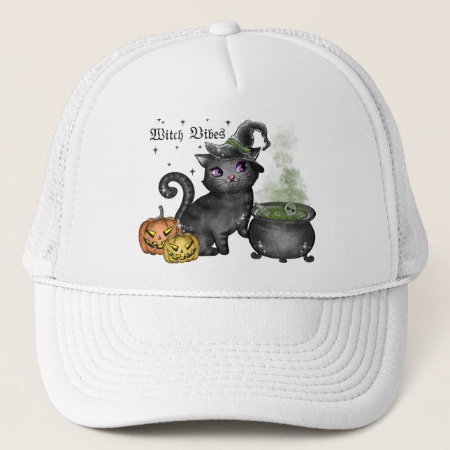 Witch Vibes – Cute Black Cat with Cauldron Trucker Hat (Front)