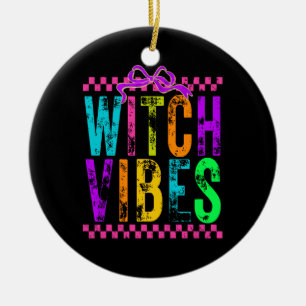 Witch Vibes Halloween Neon Checkered Bow Ceramic Ornament