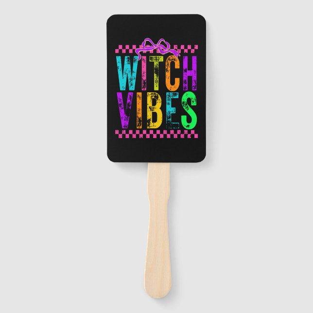 Witch Vibes Halloween Neon Checkered Bow Hand Fan (Front)