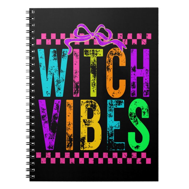 Witch Vibes Halloween Neon Checkered Bow Notebook (Front)