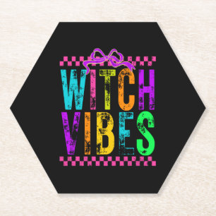 Witch Vibes Halloween Neon Checkered Bow Paper Coaster