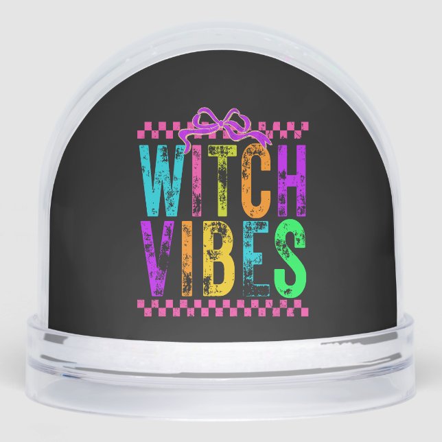 Witch Vibes Halloween Neon Checkered Bow Snowglobe (Front)
