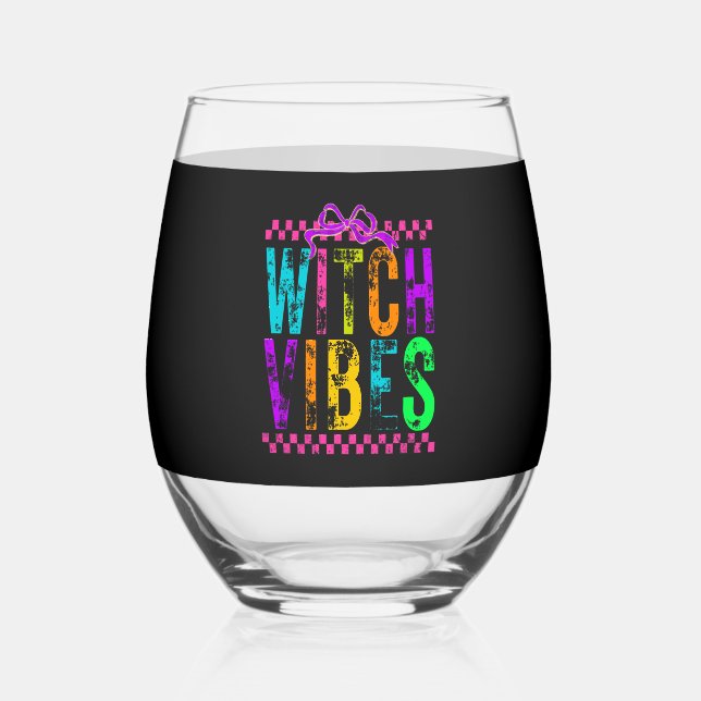Witch Vibes Halloween Neon Checkered Bow Stemless Wine Glass (Front)
