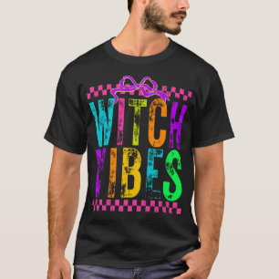 Witch Vibes Halloween Neon Checkered Bow T-Shirt