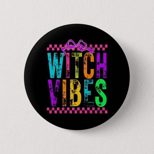Witch Vibes Halloween Neon Chequered Bow 2 Inch Round Button (Front)