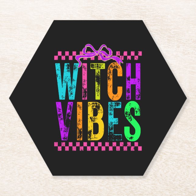 Witch Vibes Halloween Neon Chequered Bow Paper Coaster (Front)