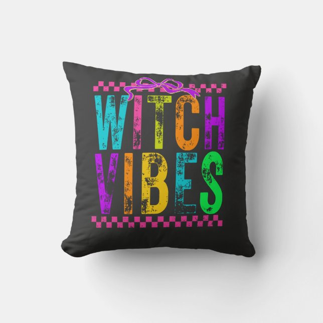 Witch Vibes Halloween Neon Chequered Bow Throw Pillow (Front)