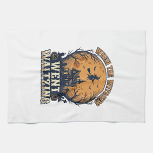 Witch Waltzing Halloween Vintage Engraving Design_ Kitchen Towel