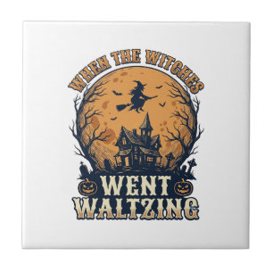 Witch Waltzing Halloween Vintage Engraving Design_ Tile