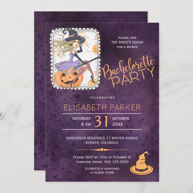 Witch watercolor Halloween bachelorette party Invitation (Front/Back)