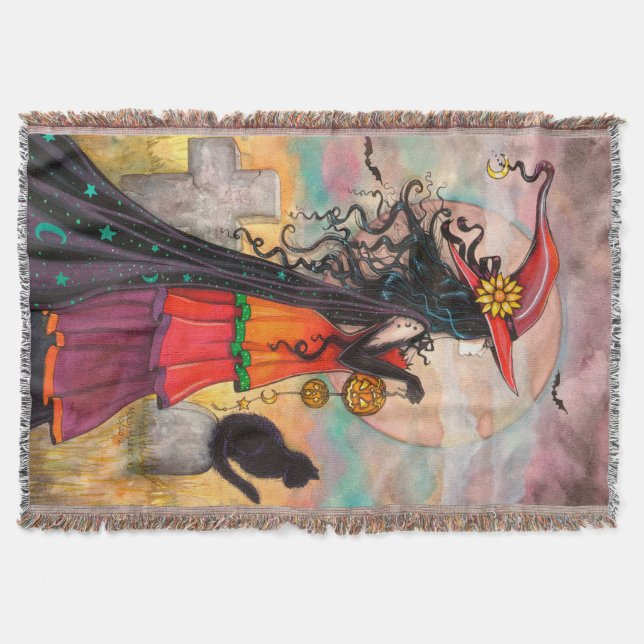 Witch Way Fantasy Witch Cat Halloween Art Throw Blanket (Front)