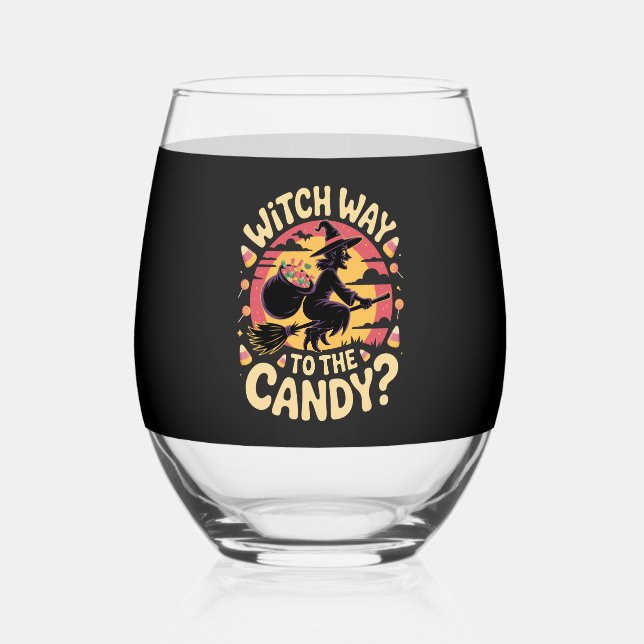 Witch Way to the Candy Halloween T-shirt Stemless Wine Glass (Front)