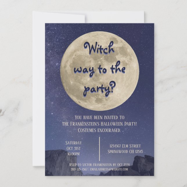 Witch Way To The Party?-Full Moon Halloween Party Invitation (Front)