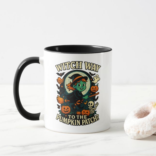 Witch Way to the Pumpkin Patch? Halloween Mug (With Donut)