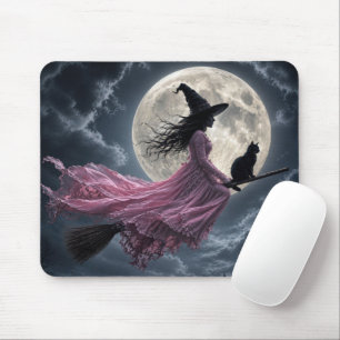 Witch Wearing a Pink Dress on a Broomstick Mouse Pad