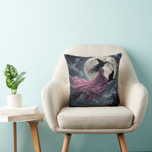 Witch Wearing a Pink Dress on a Broomstick Throw Pillow
