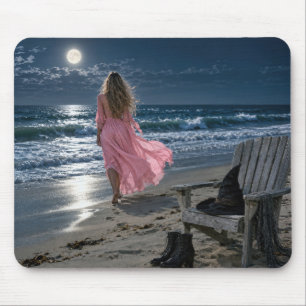 Witch Wearing a Pink Dress on a Moonlit Beach Mouse Pad