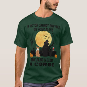 Witch Wine And Corgi Dog Mom Funny Halloween Costu T-Shirt