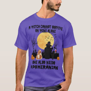 Witch Wine And Pomeranian Dog Mom Funny Halloween T-Shirt