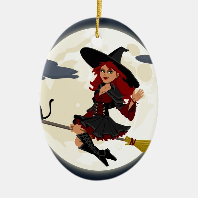 witch witchcraft broomstick broom ceramic ornament (Front)