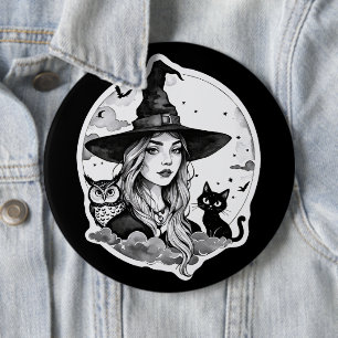 Witch with a Cat and an Owl - Halloween Fan Fun 1 6 Inch Round Button