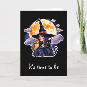 Witch with a Cat and an Owl - Halloween Fan Fun 2 Card
