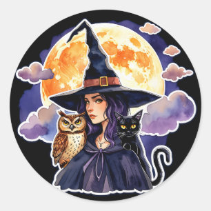 Witch with a Cat and an Owl - Halloween Fan Fun 2 Classic Round Sticker