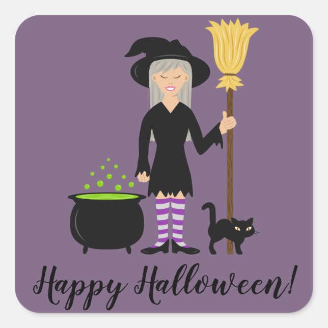 Witch With A Cat & Happy Halloween Text Square Sticker (Front)