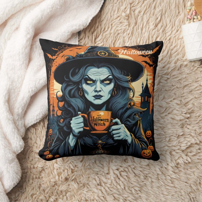 Witch with a potion on Halloween night Throw Pillow (Blanket)