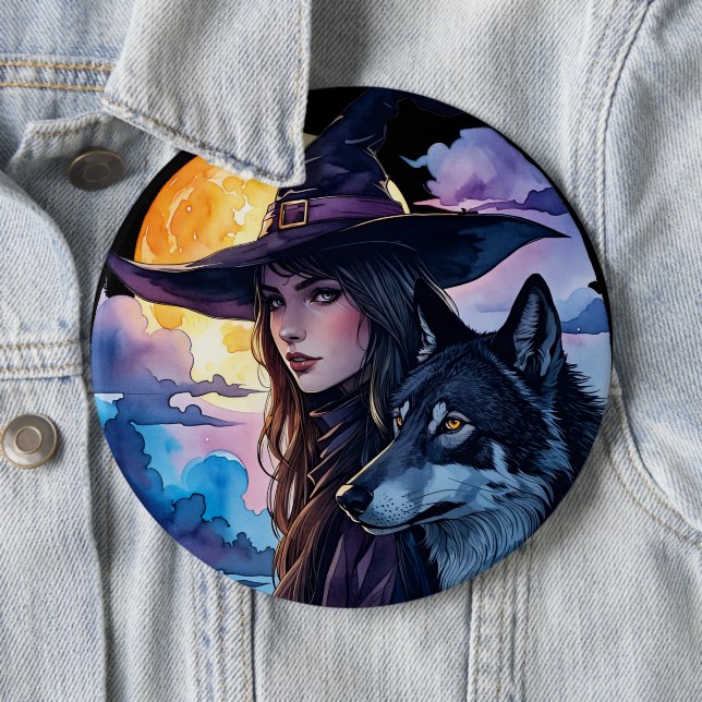 Witch with a Wolf - Halloween Fan Fun 1 6 Inch Round Button (In Situ)