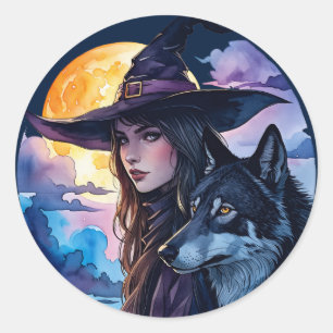 Witch with a Wolf - Halloween Fan Fun 1 Classic Round Sticker