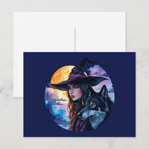 Witch with a Wolf - Halloween Fan Fun 1 Postcard