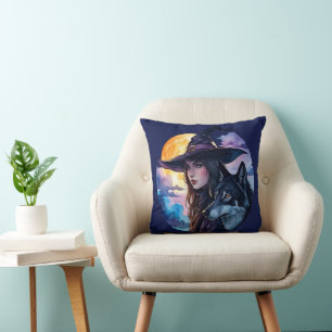 Witch with a Wolf - Halloween Fan Fun 1 Throw Pillow