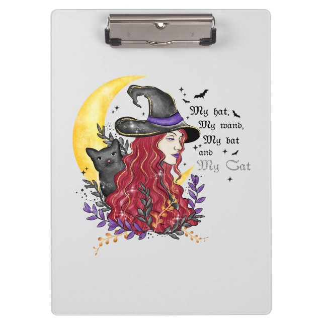 Witch with Black Cat and Crescent Moon Clipboard (Front)